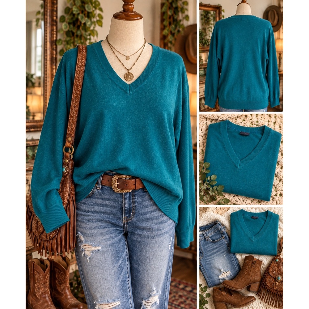 Basic Editions V-Neck Sweater 2X Teal